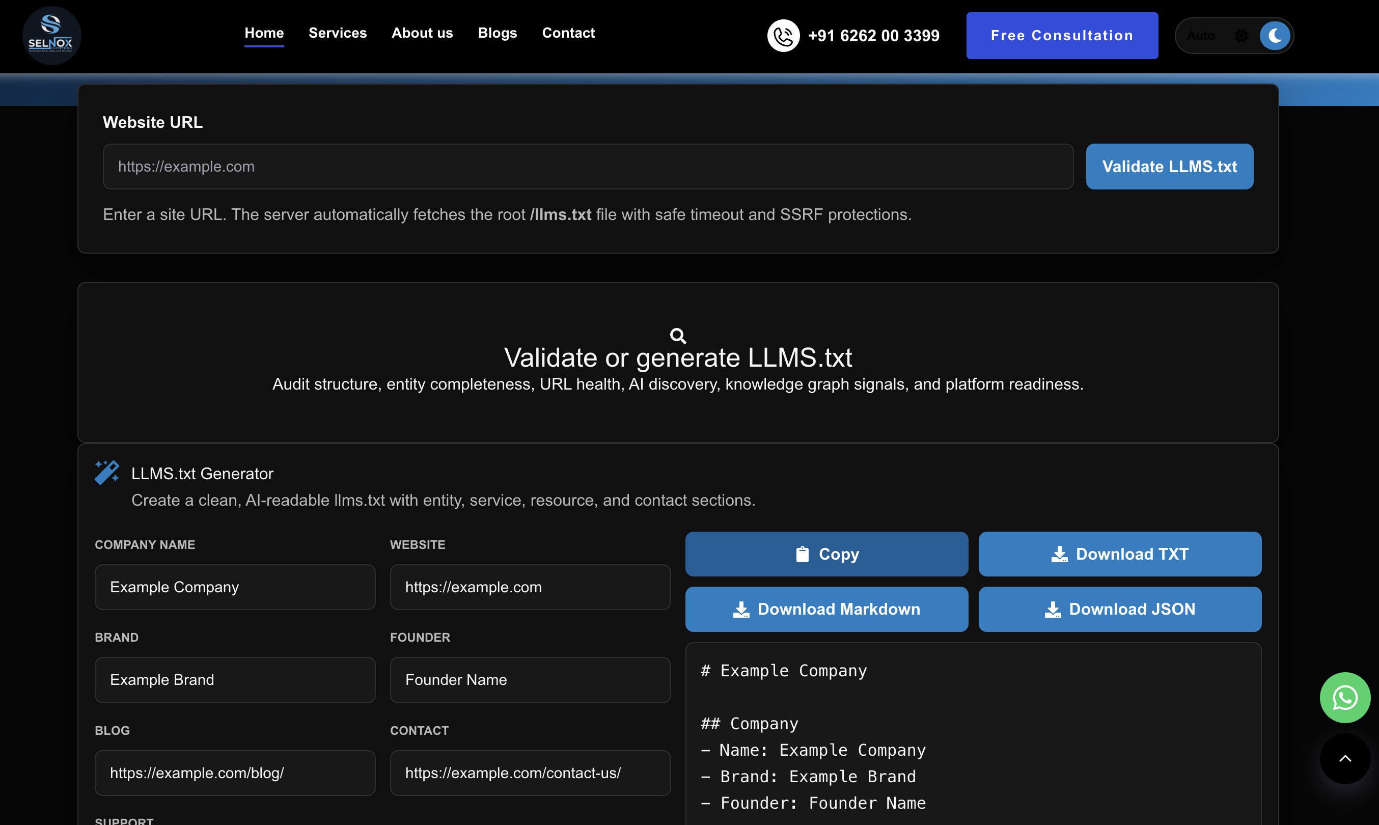 Screenshot of Selnox's LLMS.txt Generator and Validator tool, showing the website URL field and the generator form for creating an llms.txt file