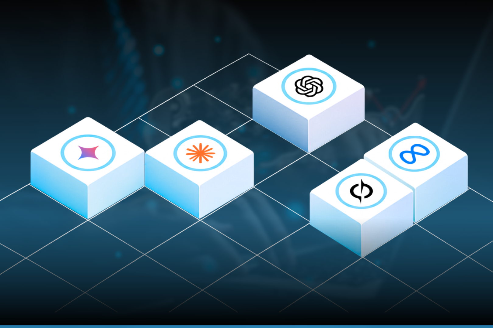 Illustration of AI platform logos, including ChatGPT, Perplexity, and Claude, shown as connected 3D blocks, representing how llms.txt is designed to help multiple AI systems read a website's content